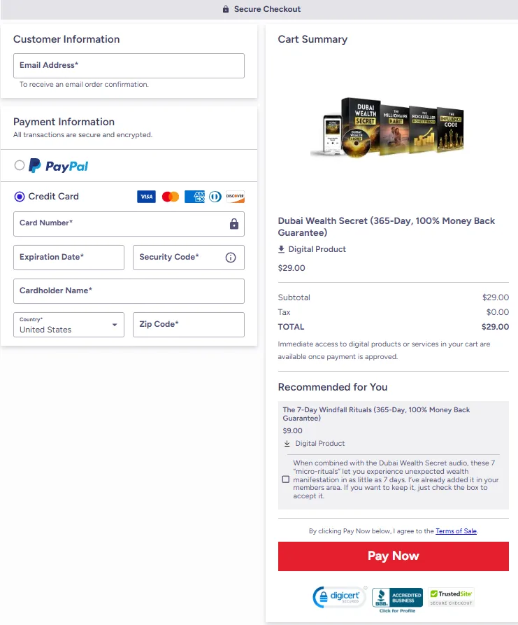 Dubai Wealth Secret secure checkout page